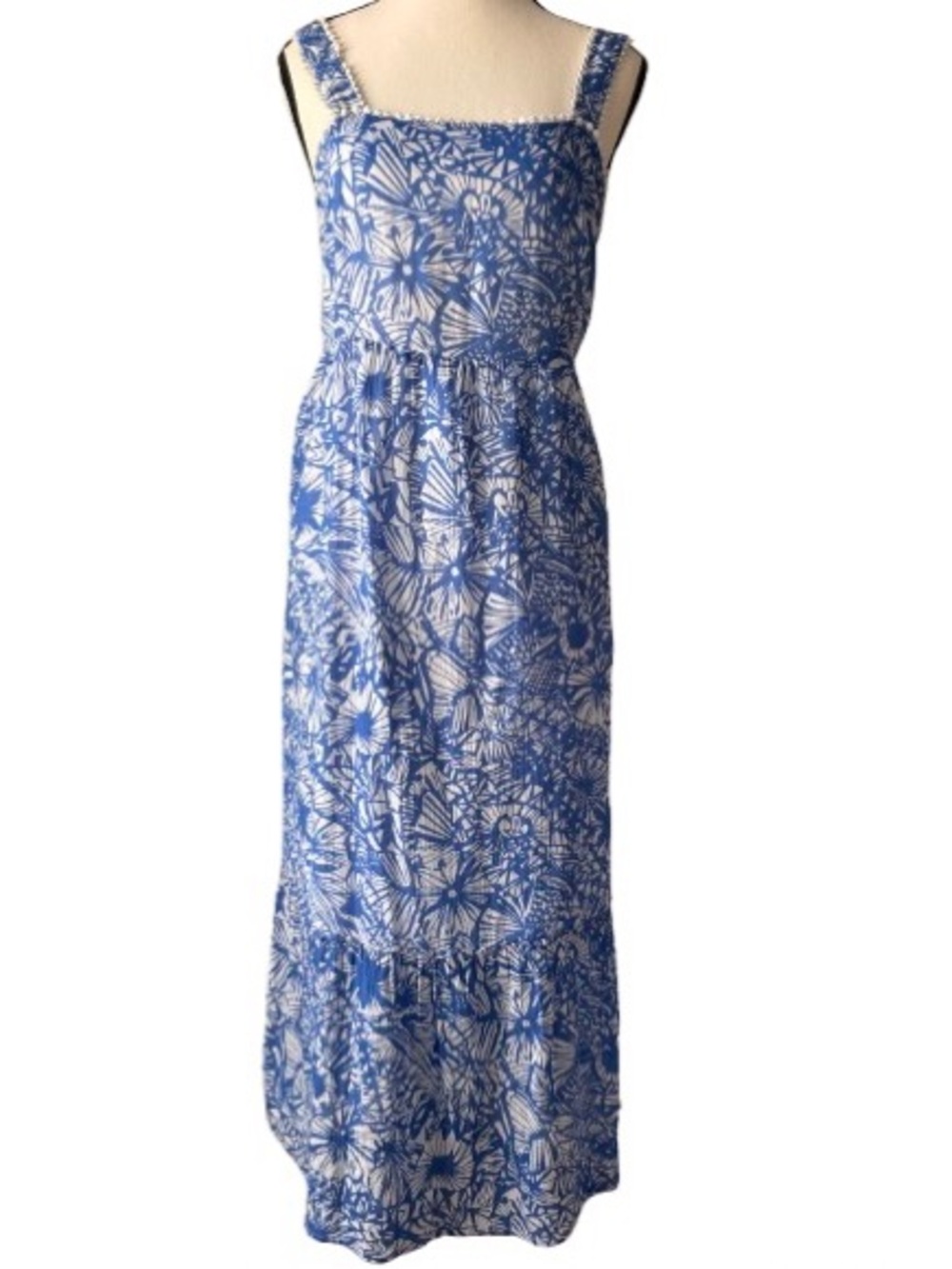 Jude Connally Blue & White Floral Print Tiered Maxi Dress/Square Neckline; Sz-M